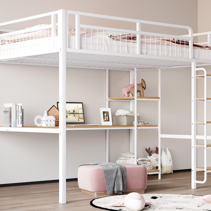 Metalowe łóżko loftowe 140x200 cm - z biurkiem i drabinką zabezpieczającą - Białe