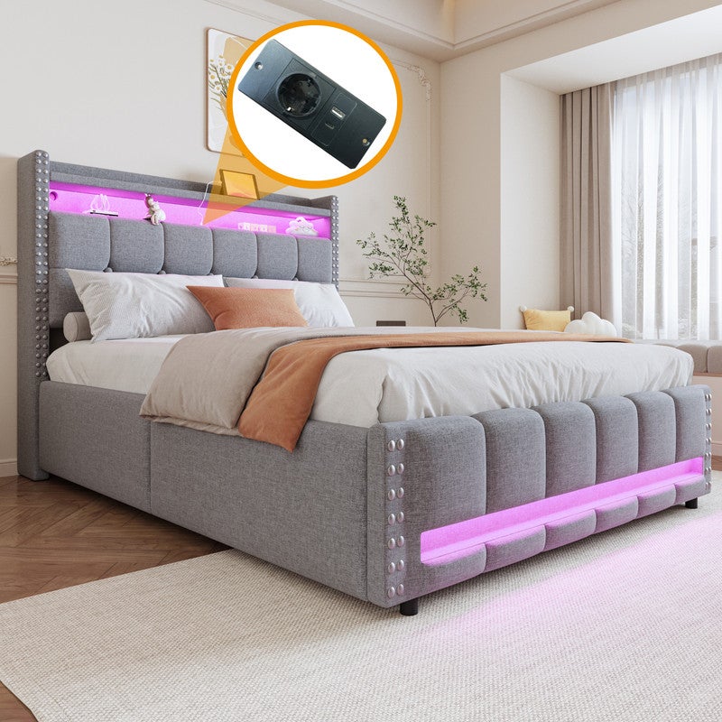 Łóżko tapicerowane ze schowkiem 140x200 cm - z oświetleniem LED + wejście USB - z półkami - len - szare (materac nie jest zawarty w zestawie)