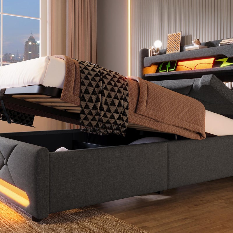 Łóżko tapicerowane z miejscem do przechowywania 90x200 cm - z oświetleniem LED i portami ładowania USB - tkanina lniana - Szare