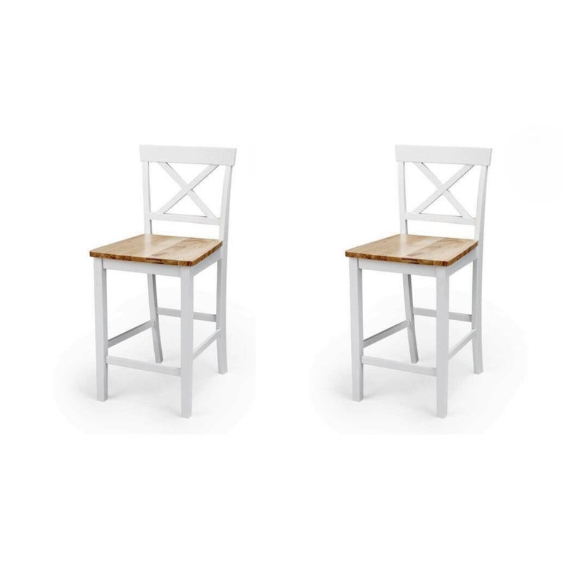 Pakiet 2 drewnianych stołków lakierowanych matową bielą z siedziskiem w kolorze dębu, nowoczesny design, wymiary 41x46,5x95,5 cm
