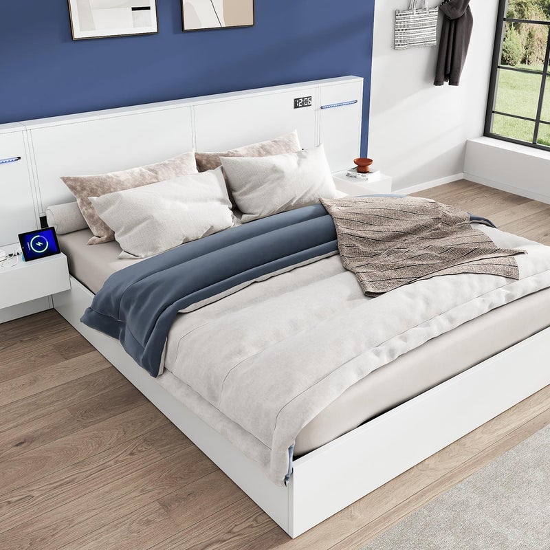Łóżko drewniane dla dorosłych 180x200 cm - z 2 stolikami nocnymi - z portem USB do ładowania, głośnikiem Bluetooth i zegarem cyfrowym - Biały