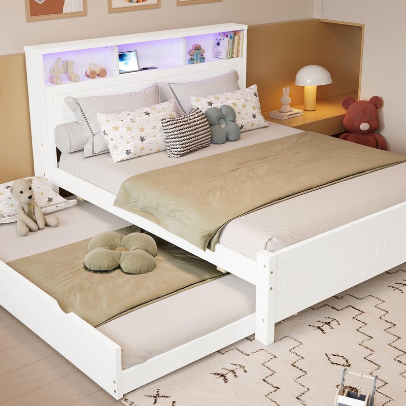 Łóżko małżeńskie 120x200 cm - Z szufladą łóżko 90x190 cm - Z gniazdem LED + USB - Zagłówek ze schowkiem - Biały