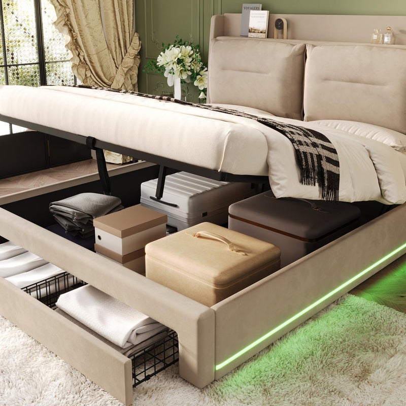 Łóżko skrzyniowe tapicerowane aksamitem - 180x200 cm - 2 szuflady na końcu łóżka - wpuszczane oświetlenie LED u podnóża łóżka - Beżowy (bez materaca)