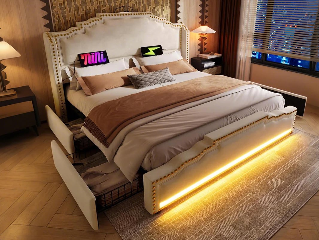 Łóżko podwójne tapicerowane 160x200cm - z 4 szufladami - z diodami LED i portami ładowania - Beżowy