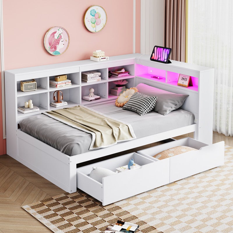 Łóżko składane 90 x 200 cm - ze schowkiem - z USB - z oświetleniem LED + z gniazdkiem elektrycznym - białe (bez materaca)