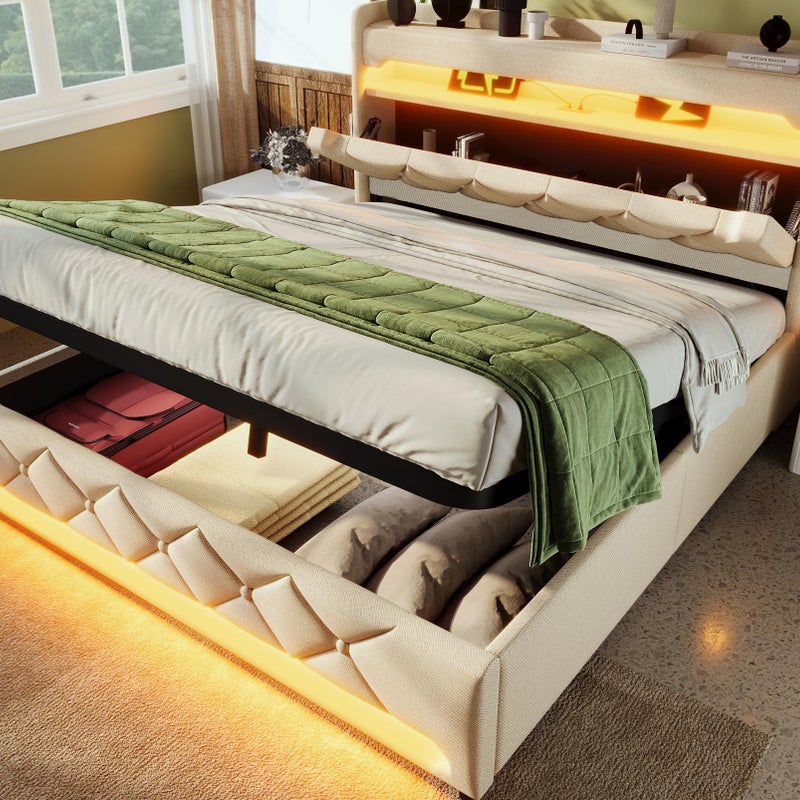 Łóżko tapicerowane z miejscem do przechowywania 180x200 cm - z oświetleniem LED i portami ładowania USB - tkanina lniana - beżowe