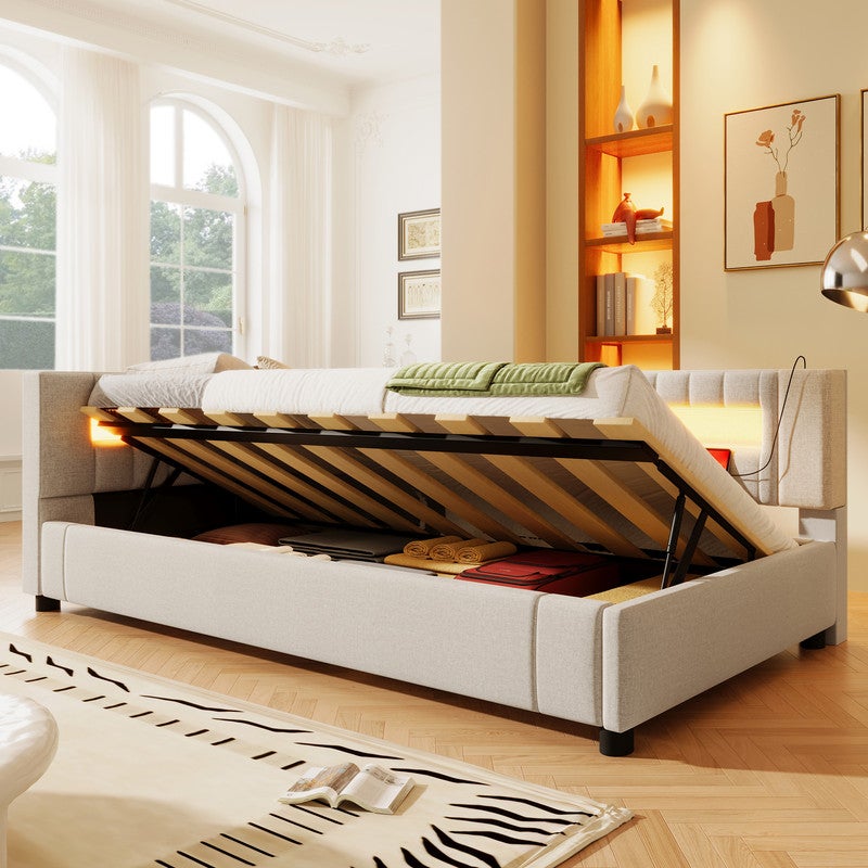 Sofa-łóżko 90x200cm - z oświetleniem LED - z USB + TYPE-C - pościel - beżowy (bez materaca)