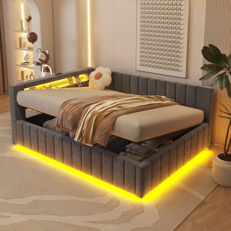 Sofa-łóżko 140x200cm - z oświetleniem LED i ładowaniem USB - Velvet - Ciemna (bez materaca)