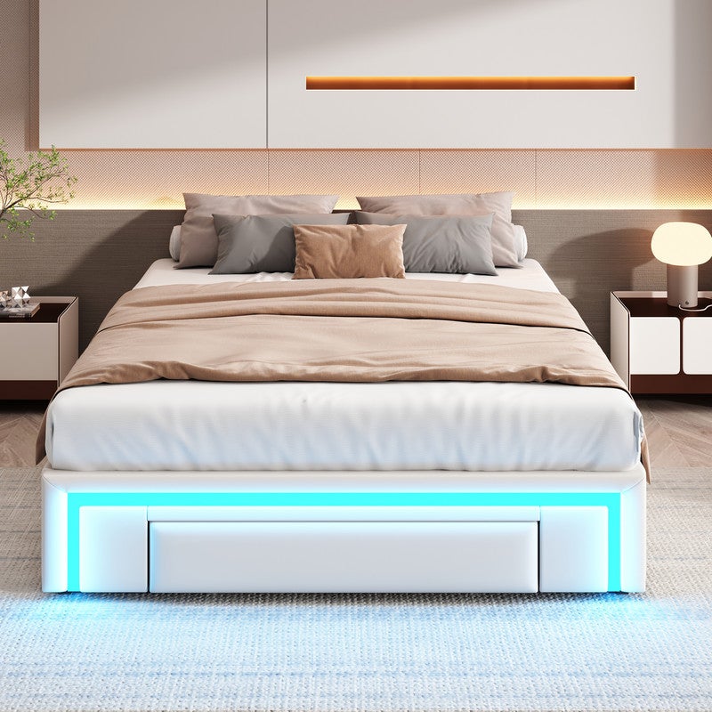 Łóżko tapicerowane 140x200cm - z 3 szufladami - łóżko ze skóry PU - bez zagłówka - z oświetleniem LED - beżowe (materac nie wchodzi w skład zestawu)