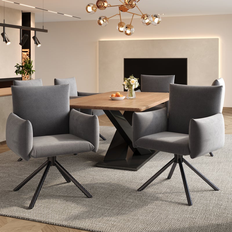 Komplet 6 obrotowych krzeseł do jadalni z podłokietnikami - 60 x 60 x 88 cm - Aksamit i metalowe nogi - Szary