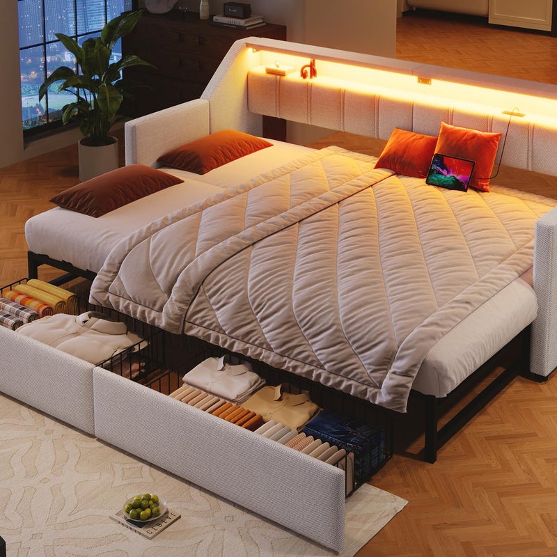 Sofa-łóżko 90x200cm - z USB + Type-C - z oświetleniem LED - z 2 szufladami - beżowa (bez materaca)