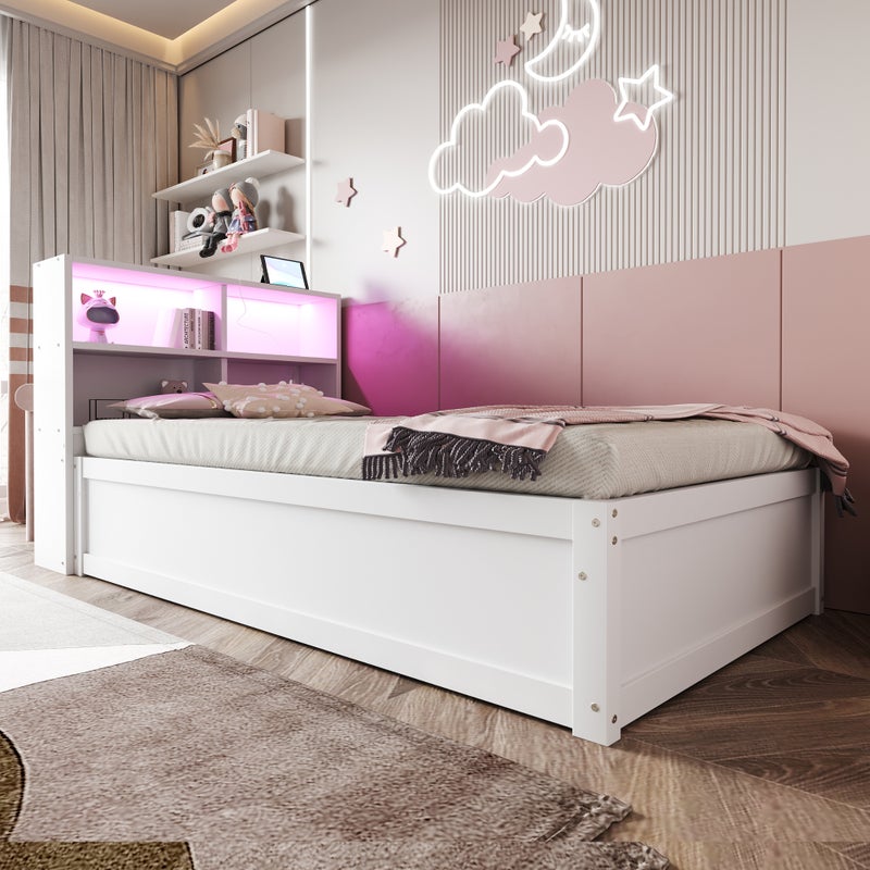 Łóżko skrzyniowe 90x200cm - Z gniazdkiem - Ze schowkiem - Z oświetleniem LED - Białe (bez materaca)
