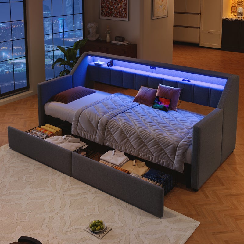 Sofa-łóżko 90x200cm - z USB + Type-C - z oświetleniem LED - z 2 szufladami - szara (bez materaca)