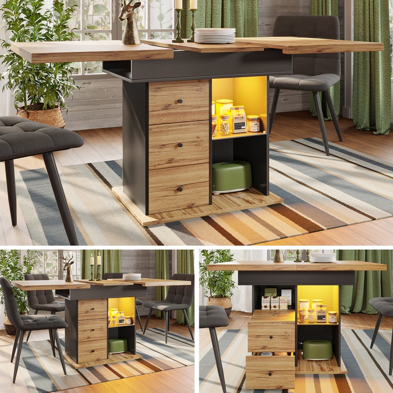 Rozkładany stół jadalny dla 4-6 osób z 2 szufladami, 2 przegrodami i 1 drzwiami - 110/140x80x75 cm - diody LED - MDF - czarny + naturalny