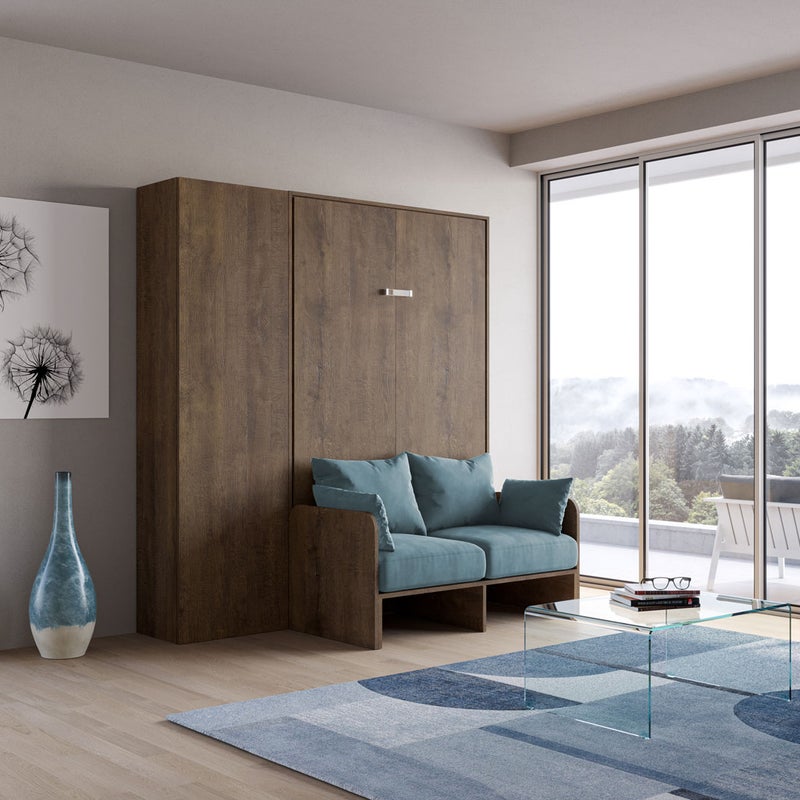 Kentaro 140 cm francuskie łóżko składane z sofą i orzechową kolumną, jasnoniebieski