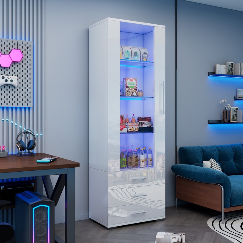 Komoda połysk 14 x 40 x 70 cm - 4 szuflady i 2 drzwi - z oświetleniem LED - Biały + naturalny