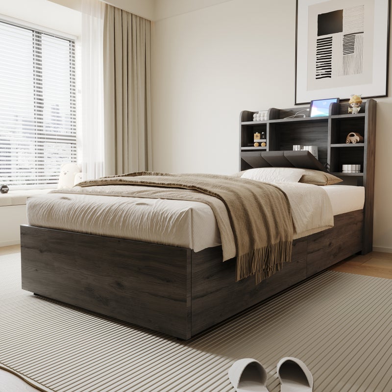Łóżko drewniane z pojemnikiem 90x200 cm - zagłówek ze schowkiem - z gniazdami USB + Type-C - szare (materac nie jest wliczony w cenę)