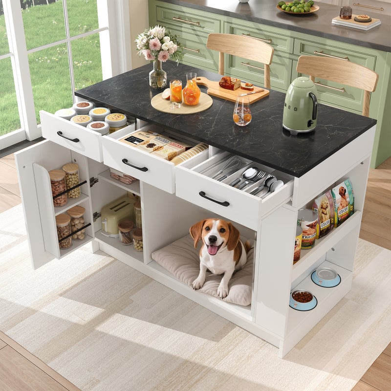 Wyspa kuchenna 120x60x90 cm - z 3 szufladami i 1 drzwiami - otwarte półki - miejsce do odpoczynku dla zwierząt - biały + czarny