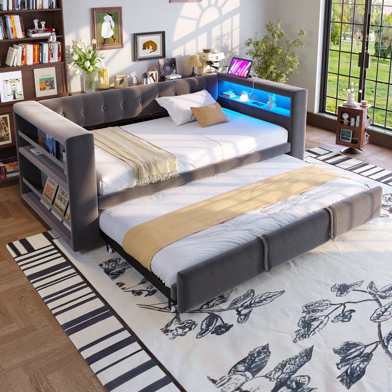 Łóżko pikowane 90x190 cm - z oświetleniem LED - z łóżkiem chowanym - z gniazdkiem elektrycznym - ciemnoszary