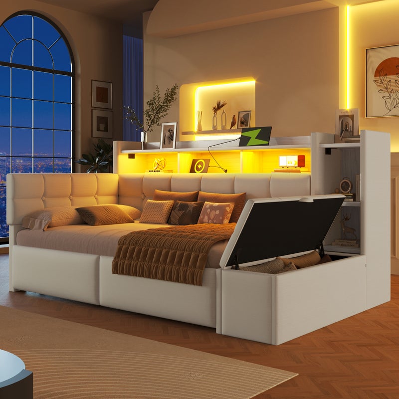 Łóżko tapicerowane 90 x 190 cm z 2 szufladami i ławką ze schowkiem, sofa rozkładana - LED - gniazda USB i typu C - aksamitne - białe (bez materaca)