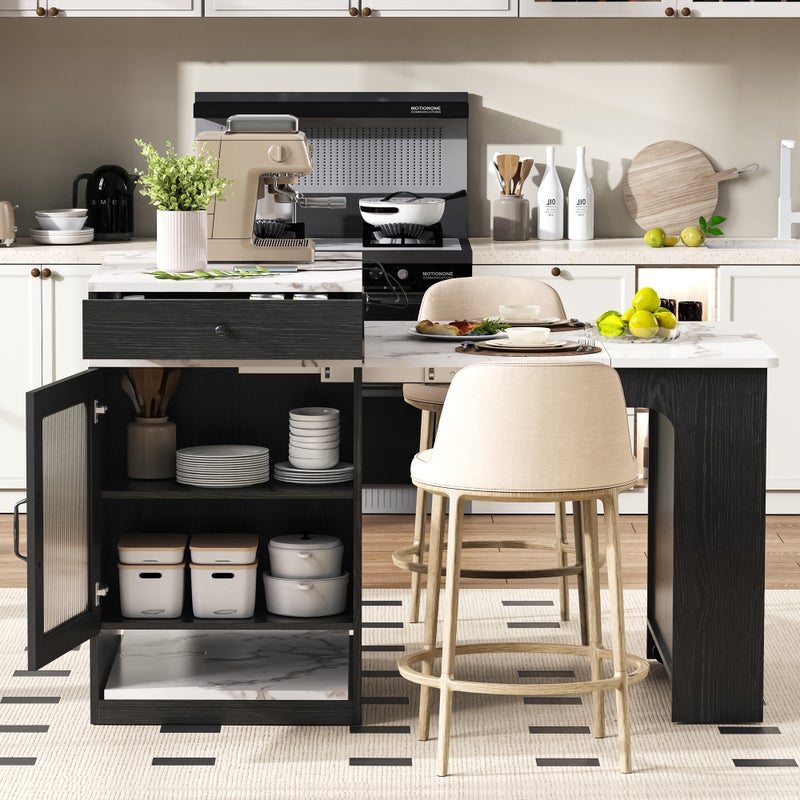 Wyspa kuchenna - z gniazdkiem elektrycznym - ze zdejmowanym i rozkładanym stołem jadalnym - faktura marmuru - z 1 drzwiami - czarny + biały