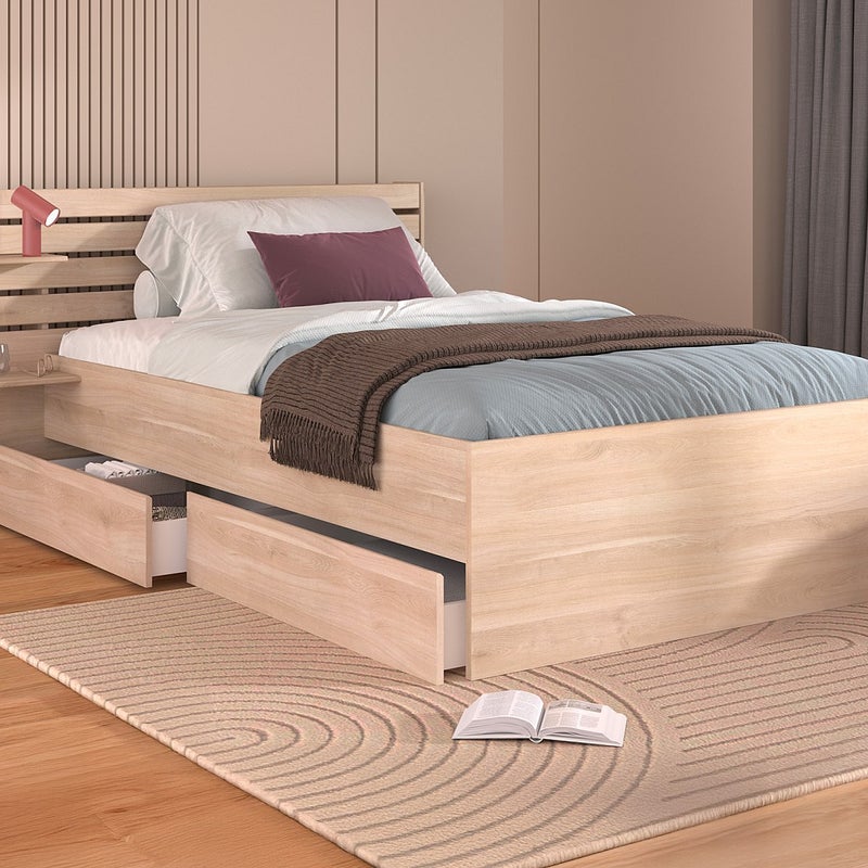 Łóżko 120 x 190 cm ze skrzynią - Kolor: Naturalny - TENALIA