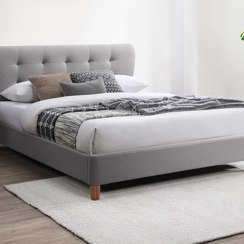 Łóżko 160 x 200 cm z pikowanym zagłówkiem - Tkanina - Jasnoszary + Materac - ELIDE