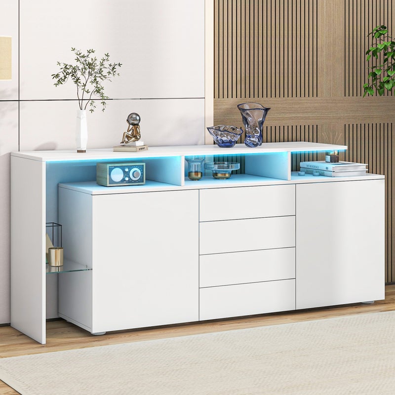Komoda 160x35x70 cm - z oświetleniem LED - 4 szuflady i 2 drzwi - wykończenie na wysoki połysk - płyta wiórowa - biały