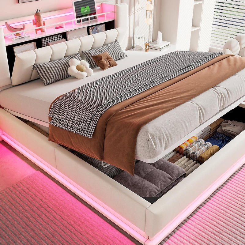 Łóżko tapicerowane ze schowkiem 180x200 cm - z oświetleniem LED - z portem USB - welur - beżowy (materac nie jest wliczony w cenę)