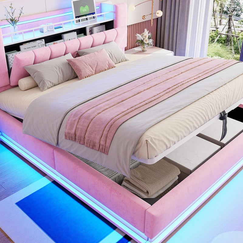 Łóżko tapicerowane ze schowkiem 180x200 cm - z oświetleniem LED - z portem USB - welur - różowy (materac nie jest wliczony w cenę)
