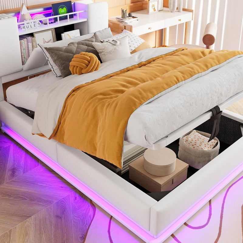 Łóżko tapicerowane ze schowkiem 90x200 cm - z oświetleniem LED - z portem USB - welur - beżowy (materac nie jest wliczony w cenę)