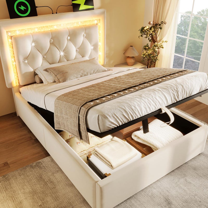 Łóżko tapicerowane 90x200 cm z aksamitu - z oświetleniem LED - z portami USB i typu C - ze stelażem listwowym - beżowe