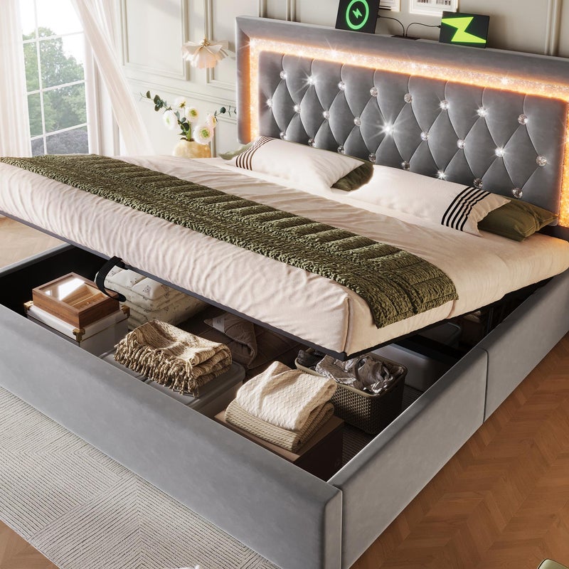 Łóżko tapicerowane z pojemnikiem 140x200 cm z aksamitu - z oświetleniem LED - z portami USB i typu C - z podstawą z listew - szare