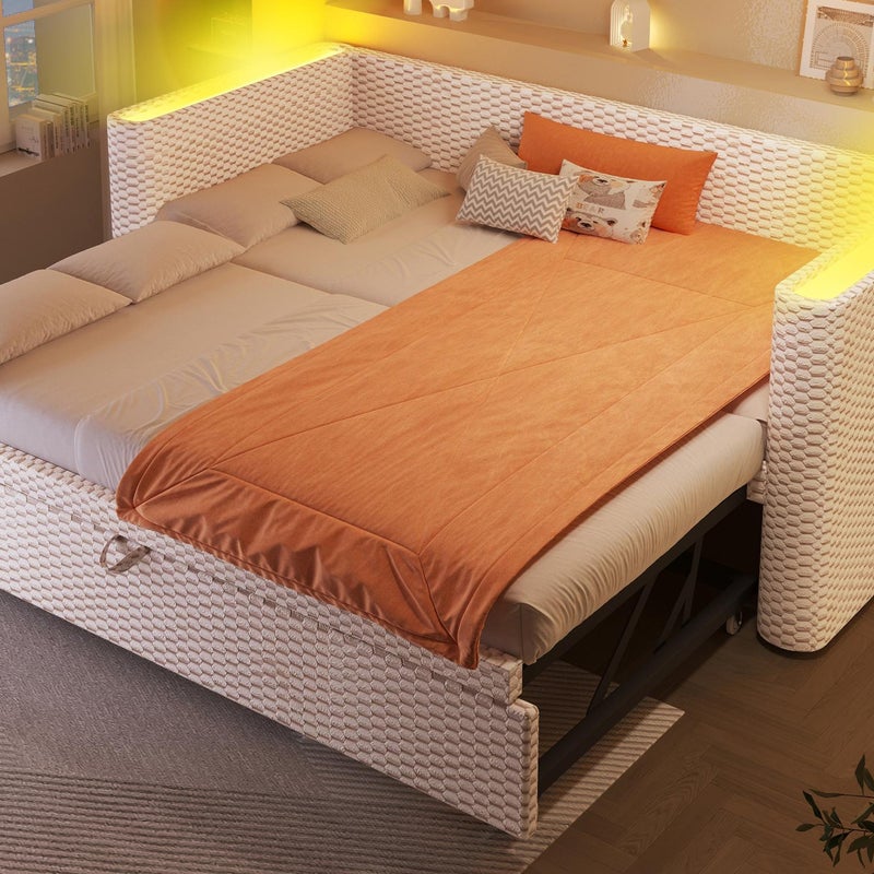 Rozkładana sofa 90/180x200cm - z wysuwane łóżko - z listwą LED - z stelażem lamelowym - welur - beżowy (materac nie jest wliczony w cenę)
