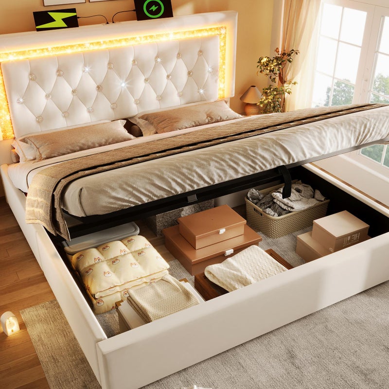 Łóżko tapicerowane z pojemnikiem 140x200 cm z aksamitu - z oświetleniem LED - z portami USB i typu C - ze stelażem listwowym - beżowe