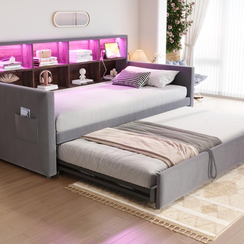Rozkładana sofa z poduszkami 90x190cm - z oświetleniem LED - z gniazdem ładowania - z wysuwane łóżko - tkanina welurowa - Ciemnoszary