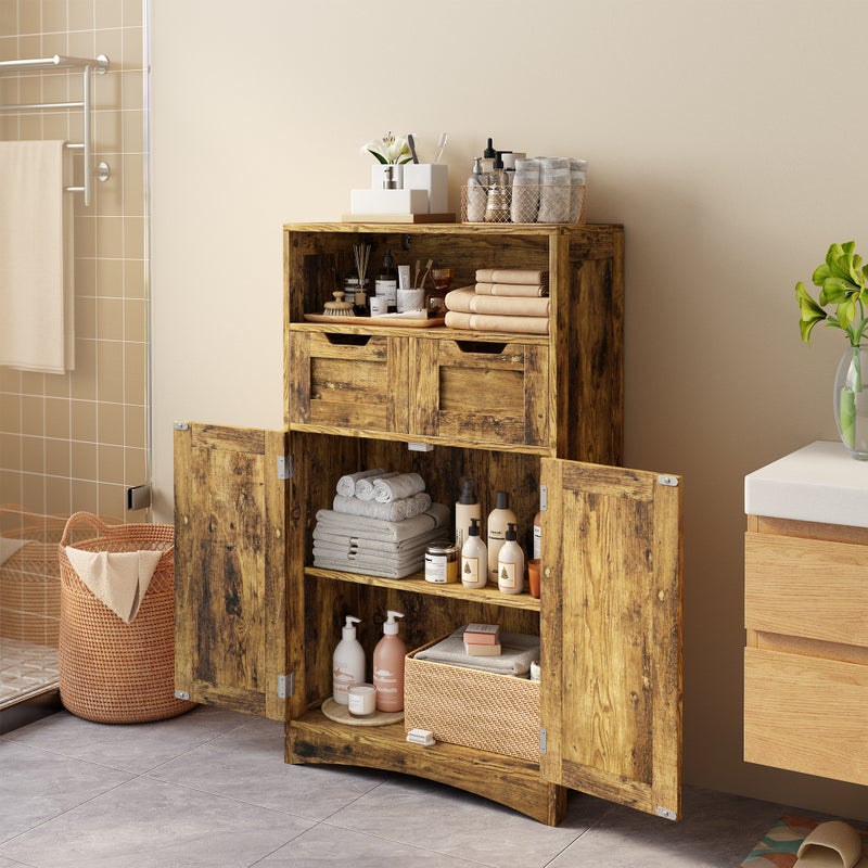 Szafka Przechowywanie Łazienka 2 Szuflady 2 Drzwi Półka Regulowana 60x30x108 cm Brązowy Bealife