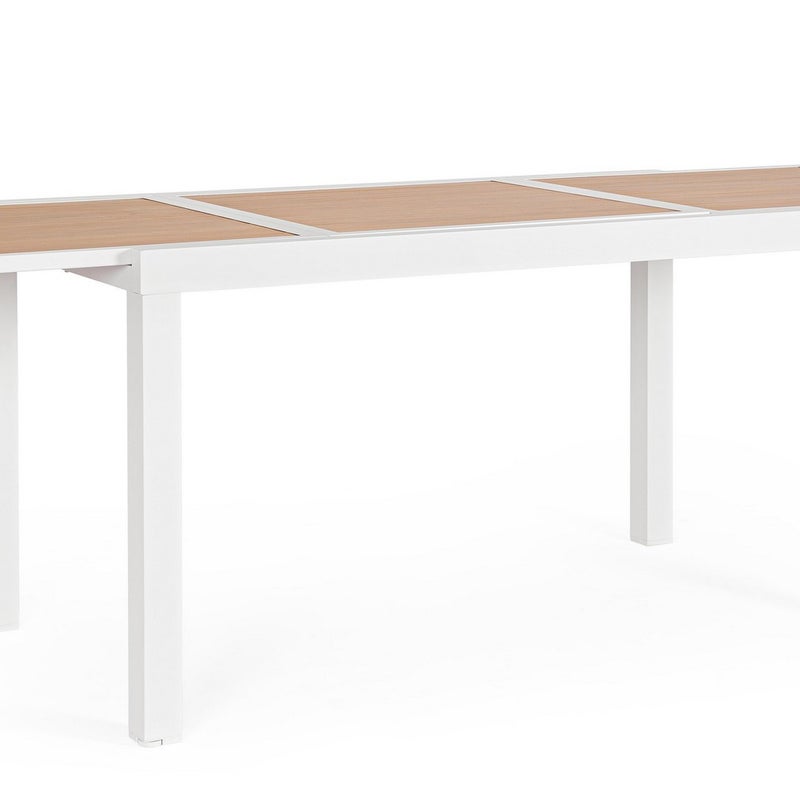 Rozkładany stół aluminiowy z listwami imitującymi drewno, 140-210X77, biały, do użytku wewnątrz i na zewnątrz