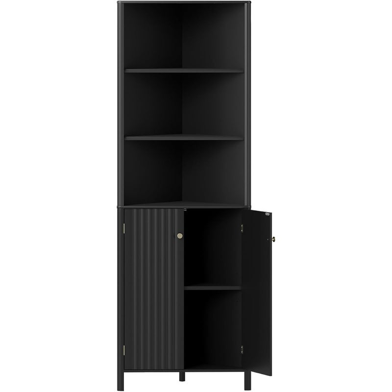 Narożna Szafka Łazienkowa z 3 Otwartymi Regałami i 2 Drzwiami – Szafka z Regulowanymi Regałami – 42,5 x 42,5 x 172,5 cm – Czarna