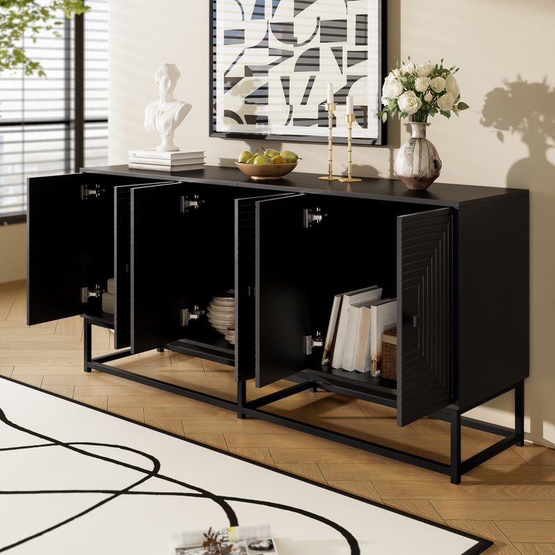 Nowoczesny buffet 160x38x75,5 cm - 6 frontów - Duża przestrzeń do przechowywania - Płyty wiórowe - Czarny