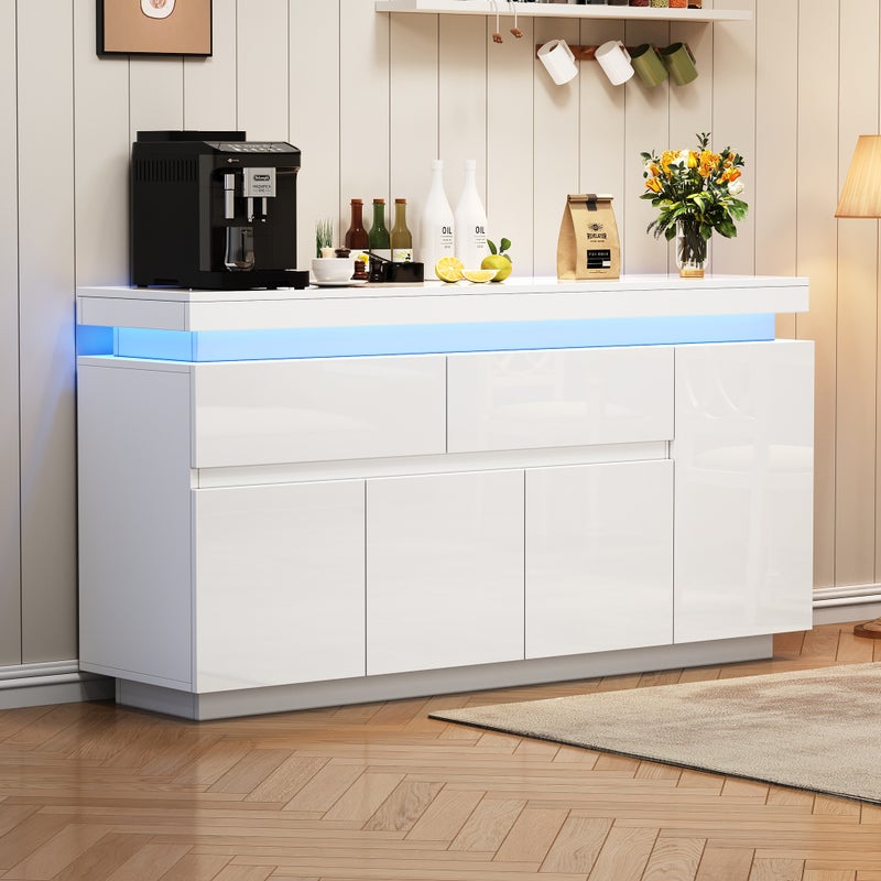 Kredens 140x35x72,5 cm - 2 szuflady i 4 drzwi - oświetlenie LED - płyta wiórowa - biały