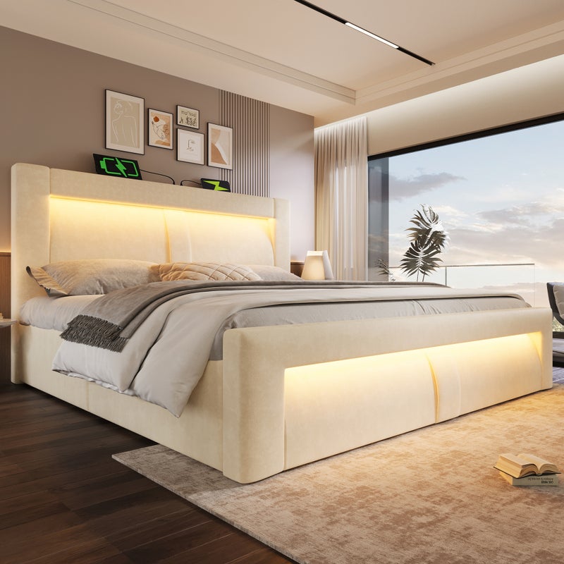 Łóżko tapicerowane ze schowkiem 180x200cm - z oświetleniem LED - z portami USB i Type-C - welur - Beżowy (bez materaca)