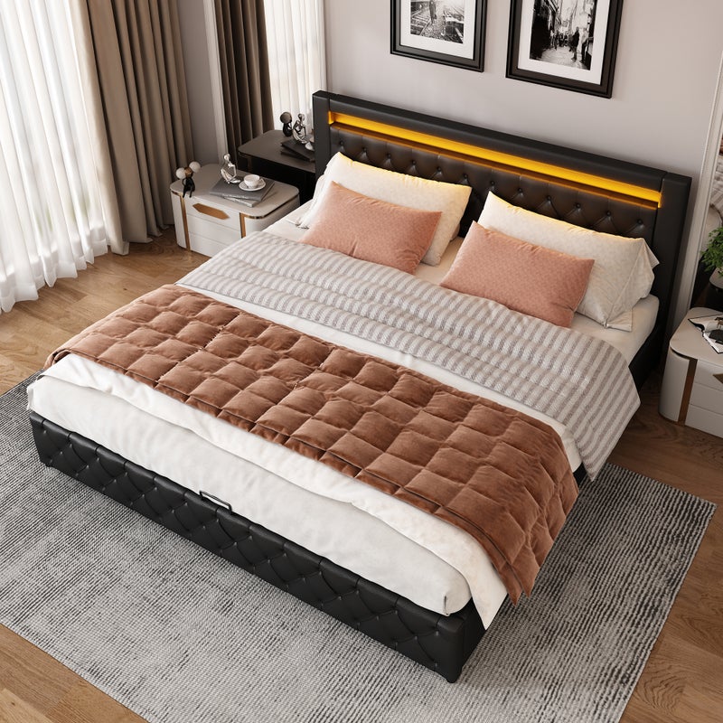 Tapicerowane łóżko z pojemnikiem 140x190 cm - z oświetleniem LED - ze schowkiem - ze stelażem - PU - czarne (materac nie jest wliczony w cenę)