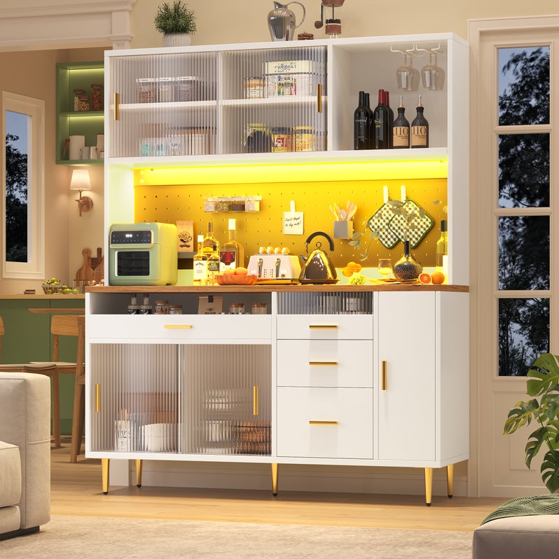 Szafka kuchenna, 145x39x171 cm, 3 drzwi szklane, 4 szuflady, stojak na wino, z oświetleniem LED i gniazdkiem elektrycznym, biała