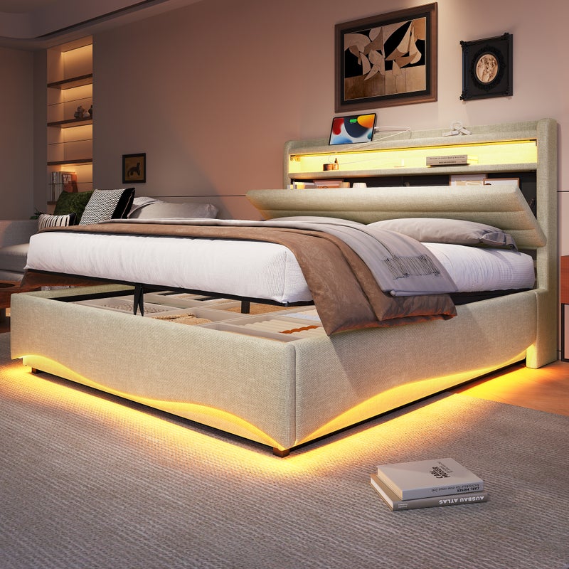 Tapicerowane łóżko z pojemnikiem 140x200 cm - z oświetleniem LED - z interfejsem USB + Type-C - tkanina lniana - beżowy
