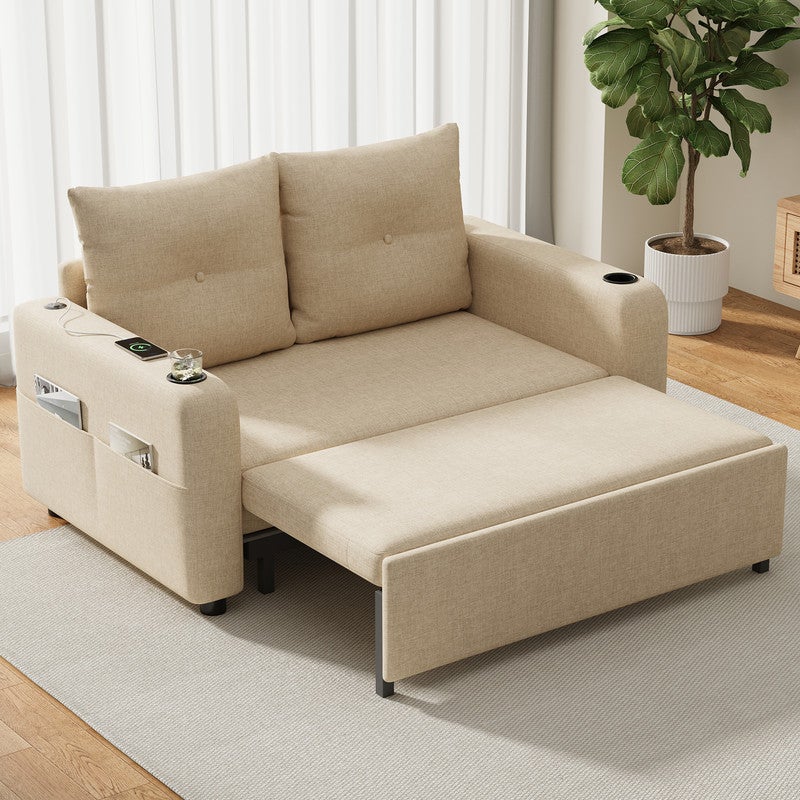 Sofa-łóżko 2-osobowa 3-w-1 - model rozkładany - uchwyt na kubek i kieszeń boczna - poduszka oparcia - port USB - beżowa