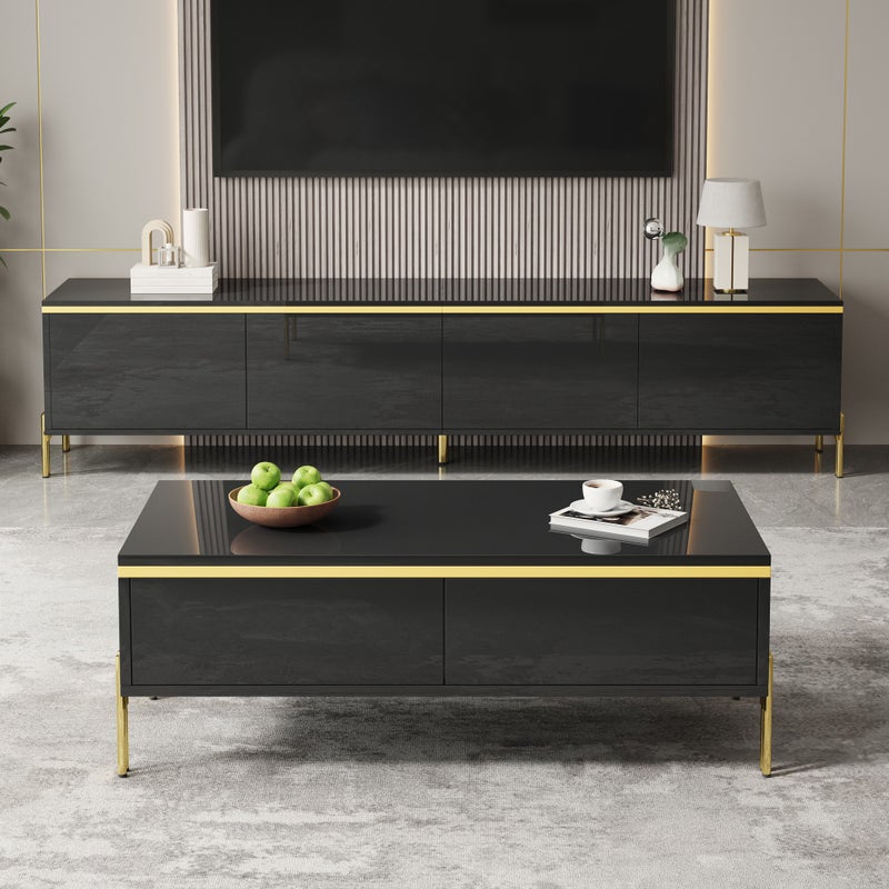 Szafka RTV ze stolikiem kawowym - 4 drzwi i 2 szuflady - 170 x 38 x 50 cm + 100 x 50 x 36 cm - Płyta wiórowa - Czarny połysk