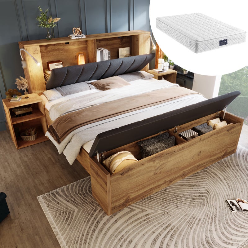 Łóżko 160 x 200 cm ze składanym zagłówkiem i 2 stolikami nocnymi - Sofa rozkładana z pojemnikiem na pościel - Płyta MDF + Pościel - Dąb (z materacem)