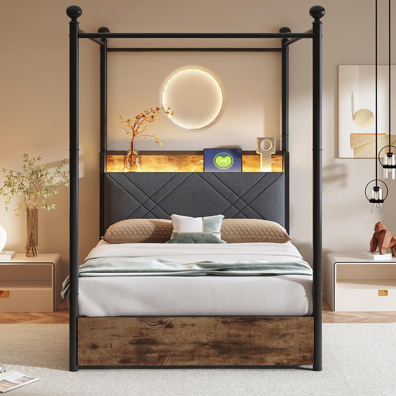 Łóżko pojedyncze z żelaza 90 × 190 cm, z miejscem do przechowywania, zdejmowanymi nogami, oświetleniem LED i portami USB/Type-C, czarne