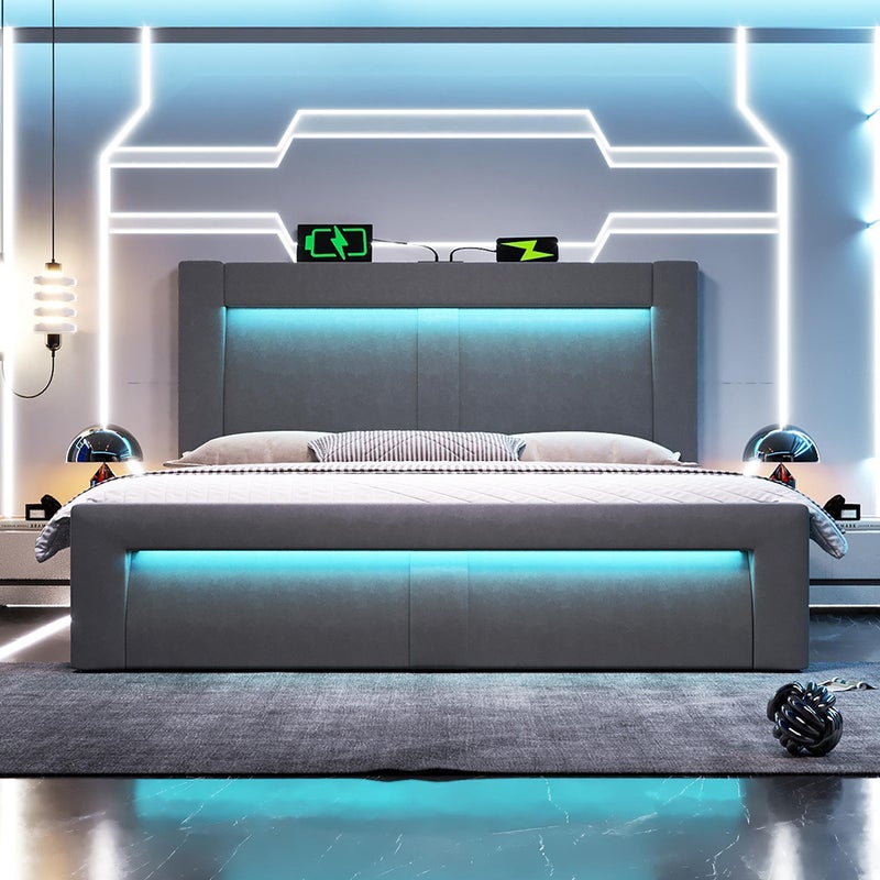 Łóżko hydrauliczne z oświetleniem LED sterowanym za pomocą aplikacji, portami ładowania USB i Type-C, aksamit, szary - 160x200 cm.